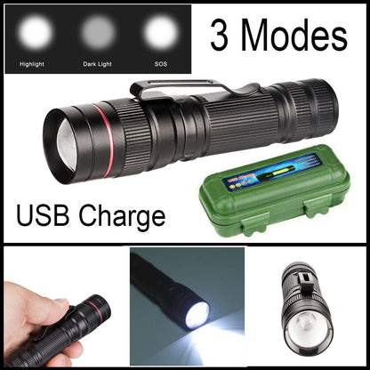 Black tactical flashlight shining bright white beam; shows three lighting modes.