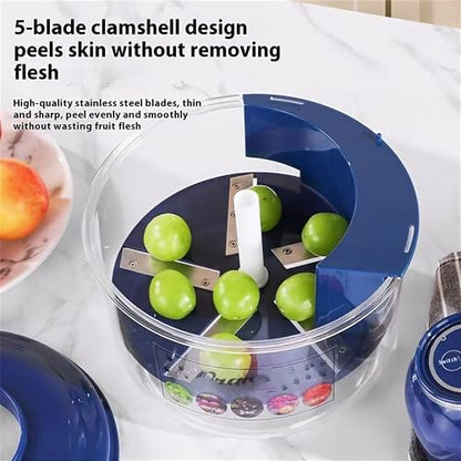 5-blade electric fruit peeler top with stainless blades over clear bowl