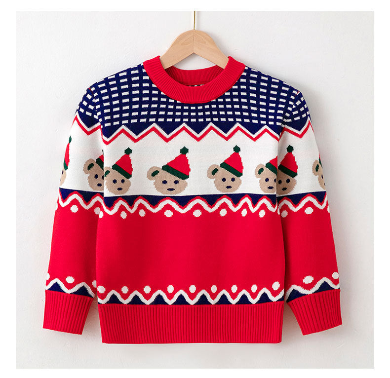 Red and navy Christmas knit sweater with animal-face fair isle and zigzag trim