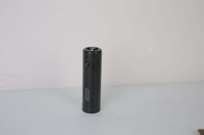 Black rechargeable electric pepper grinder front view with button and compact cylinder shape