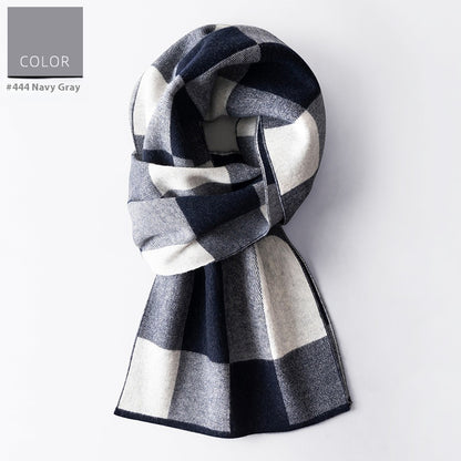Navy and gray checkered scarf on a white background