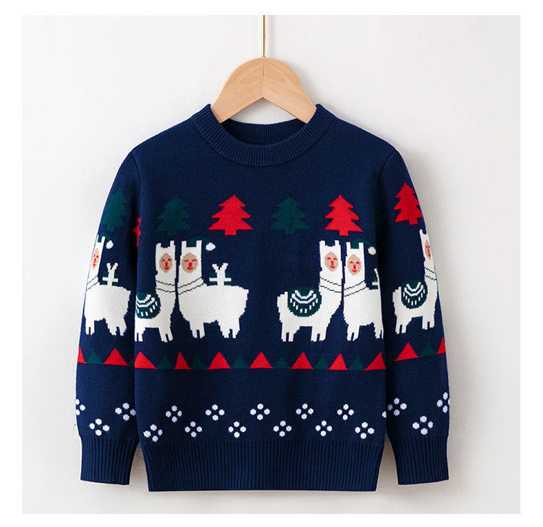 Children's Christmas sweater, navy knit with llama reindeer and red triangle trim