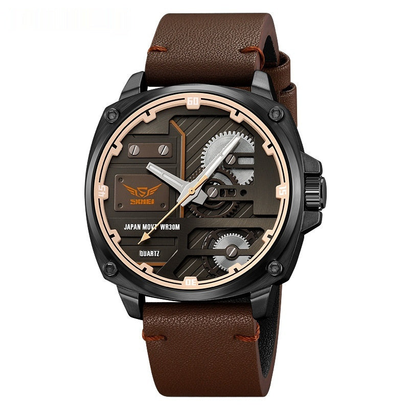 Exposed-gear quartz watch with brown leather strap and rose-gold bezel
