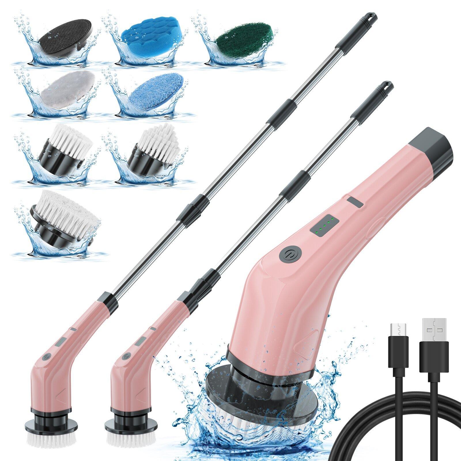 Electric cleaning brush with rose-pink handle and extension wands, charging cables shown
