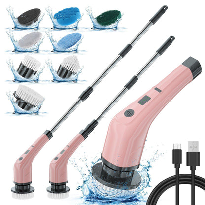 Electric cleaning brush with rose-pink handle and extension wands, charging cables shown