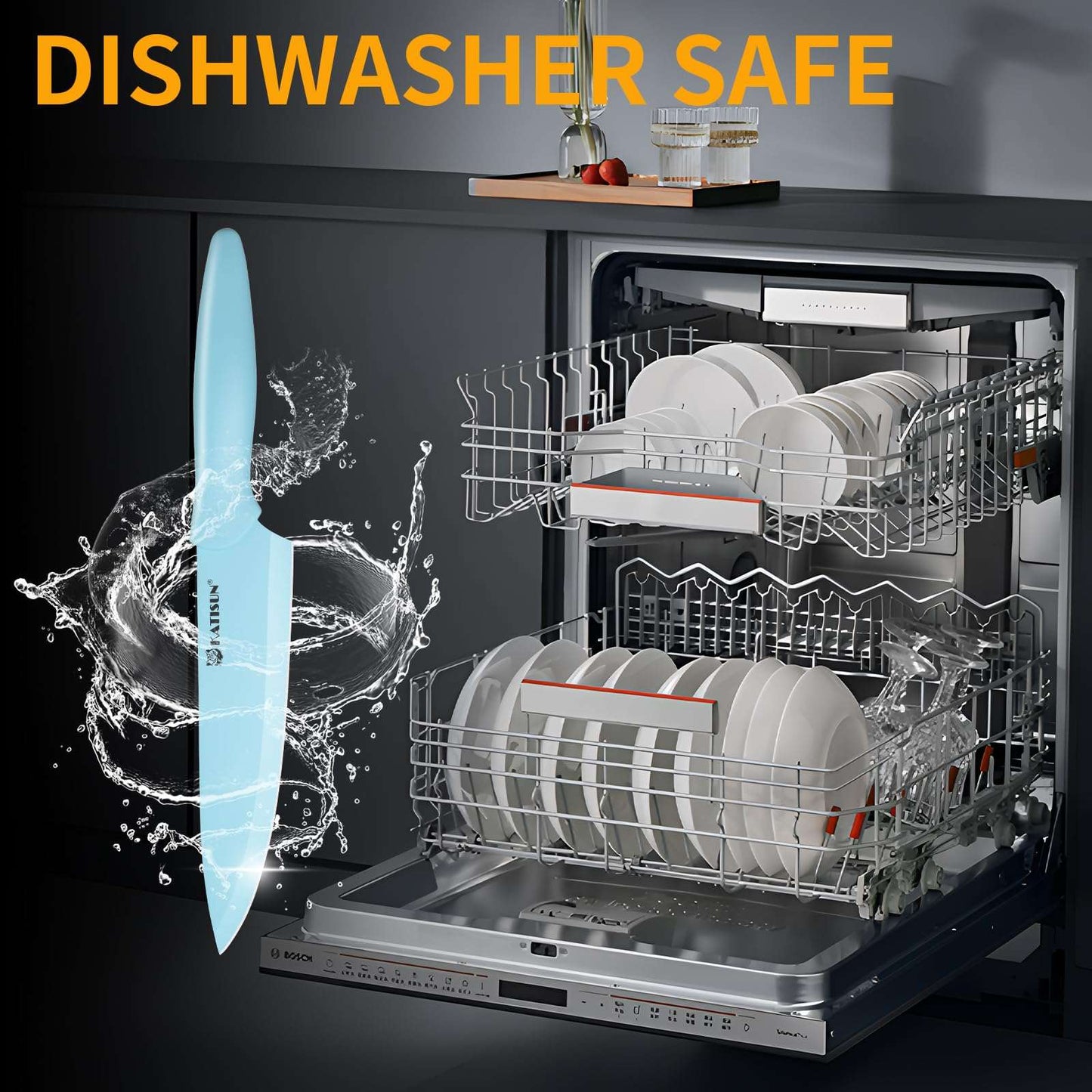 Blue knife with water splash shown in dishwasher for dishwasher-safe use