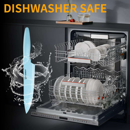 Blue knife with water splash shown in dishwasher for dishwasher-safe use
