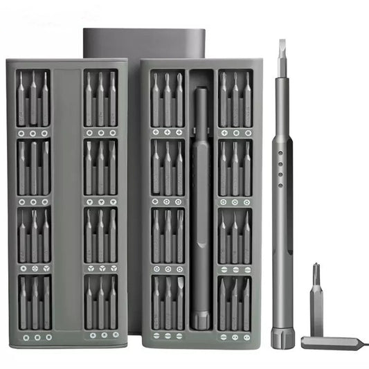 Precision screwdriver set with assorted bit heads in a gray storage case