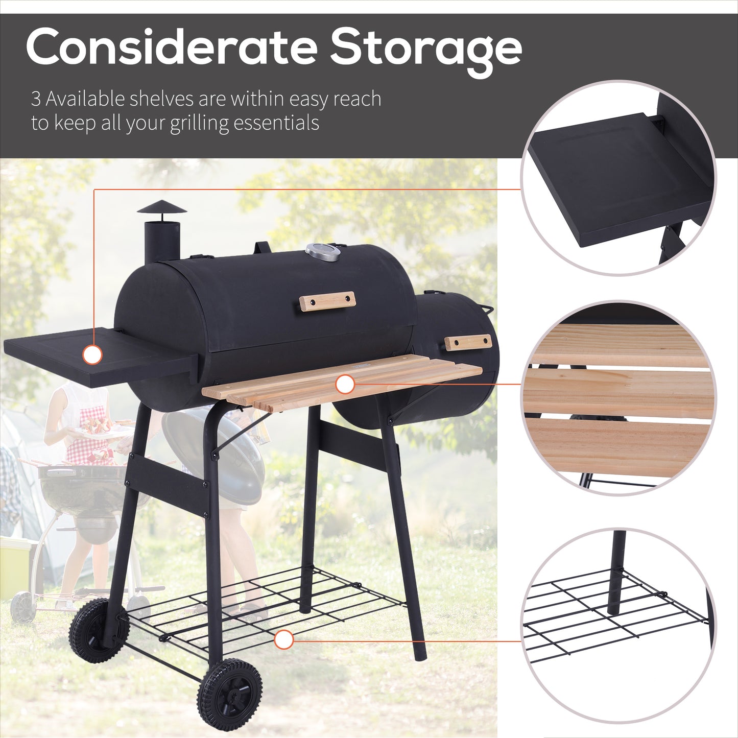 Portable Charcoal BBQ Grill with Wheels & Shelves - Outdoor Cooking