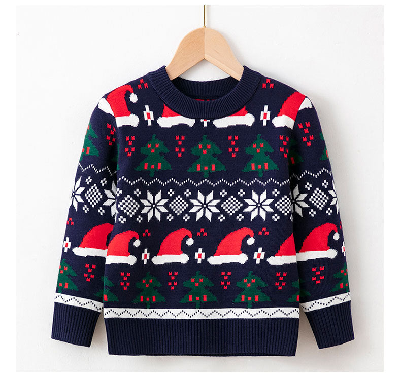 Children's Christmas sweater, navy knit with festive village fair isle and snowflakes