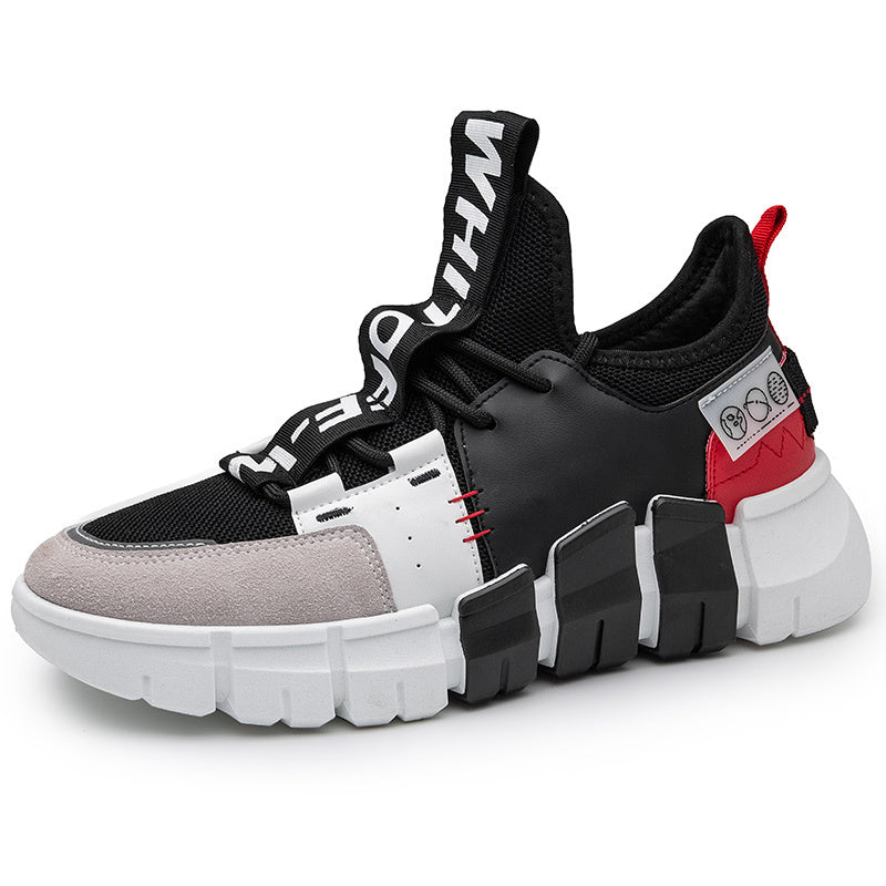 Black casual sneaker with chunky tread sole, lace-up, and red leather-look accent.