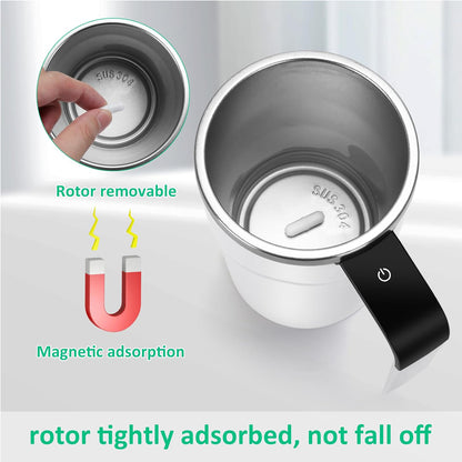 White self-stirring mug with removable rotor shown inside the stainless base