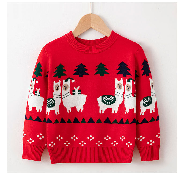 Children's Christmas sweater, red knit with reindeer and tree fair isle graphic