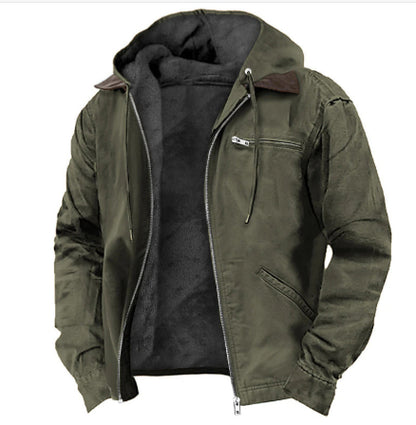 Men’s hooded fleece zip-up jacket in olive green with black inner hood and drawstring.