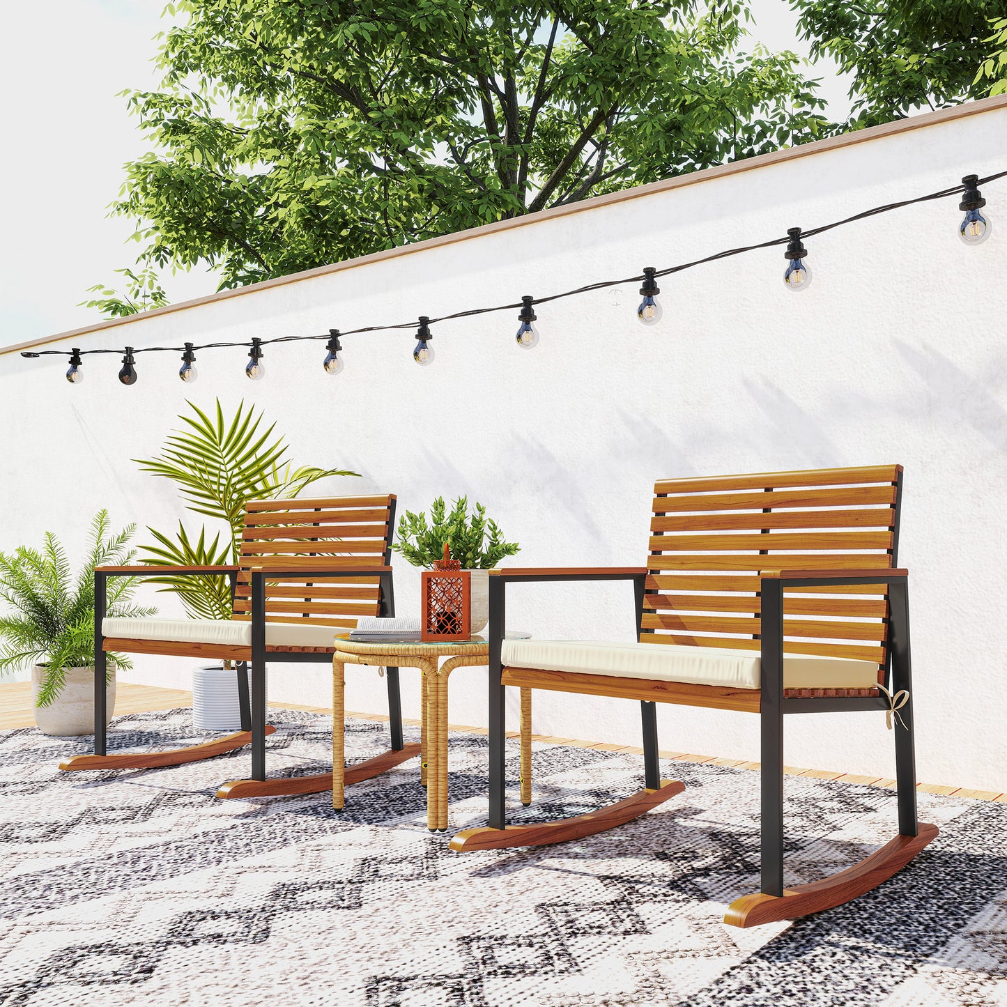 Outdoor rocking chair set of 2 with acacia slats, cream cushions, rocking bases