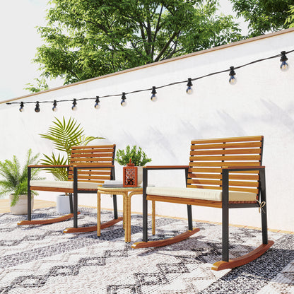Outdoor rocking chair set of 2 with acacia slats, cream cushions, rocking bases