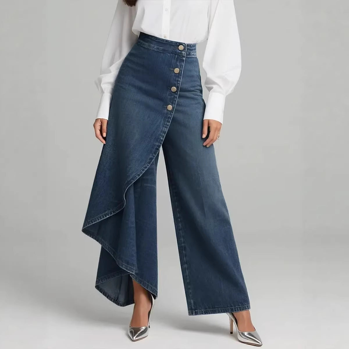 Unique Ruffled Straight-Leg Pants | Fashion Faux Jeans for Women