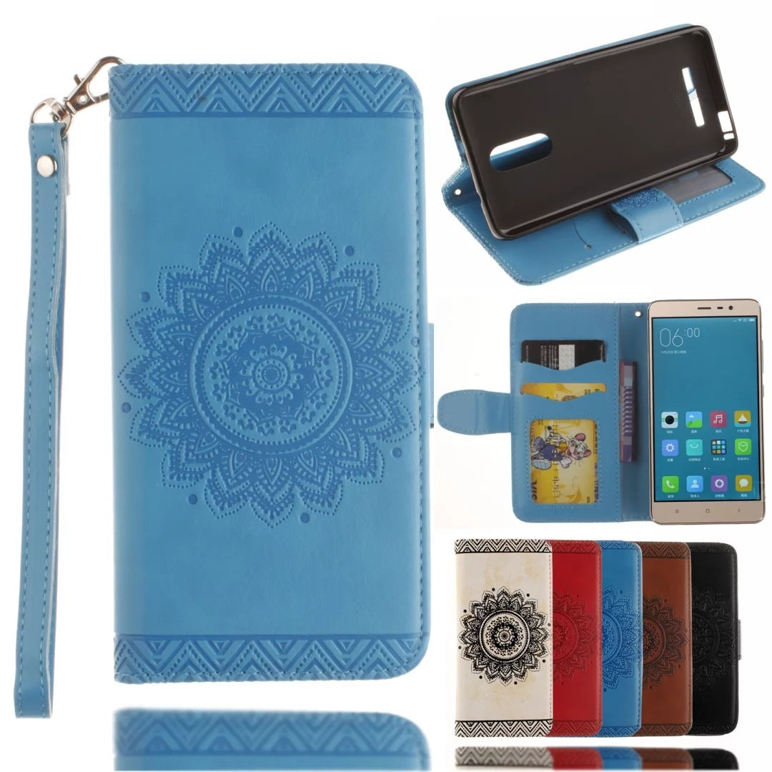 Phone case with wrist strap, light blue mandala print, folio wallet cover
