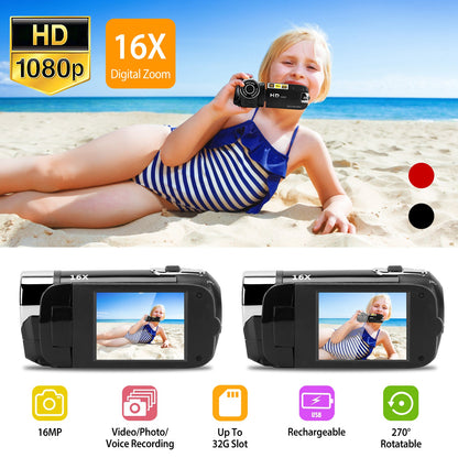 HD 1080P Digital Video Camcorder | 16X Zoom Camera with 270° Screen Black-Red Options - 1Pc HD 1080P Digital | Ectron Online