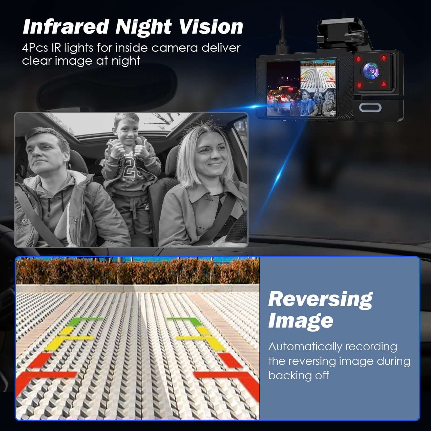 3-Channel WiFi Dash Cam 1080P - Front, Rear & Cabin 1Pc WiFi FHD 1080P Car Dash Cam 3 Channe | Ectron Online