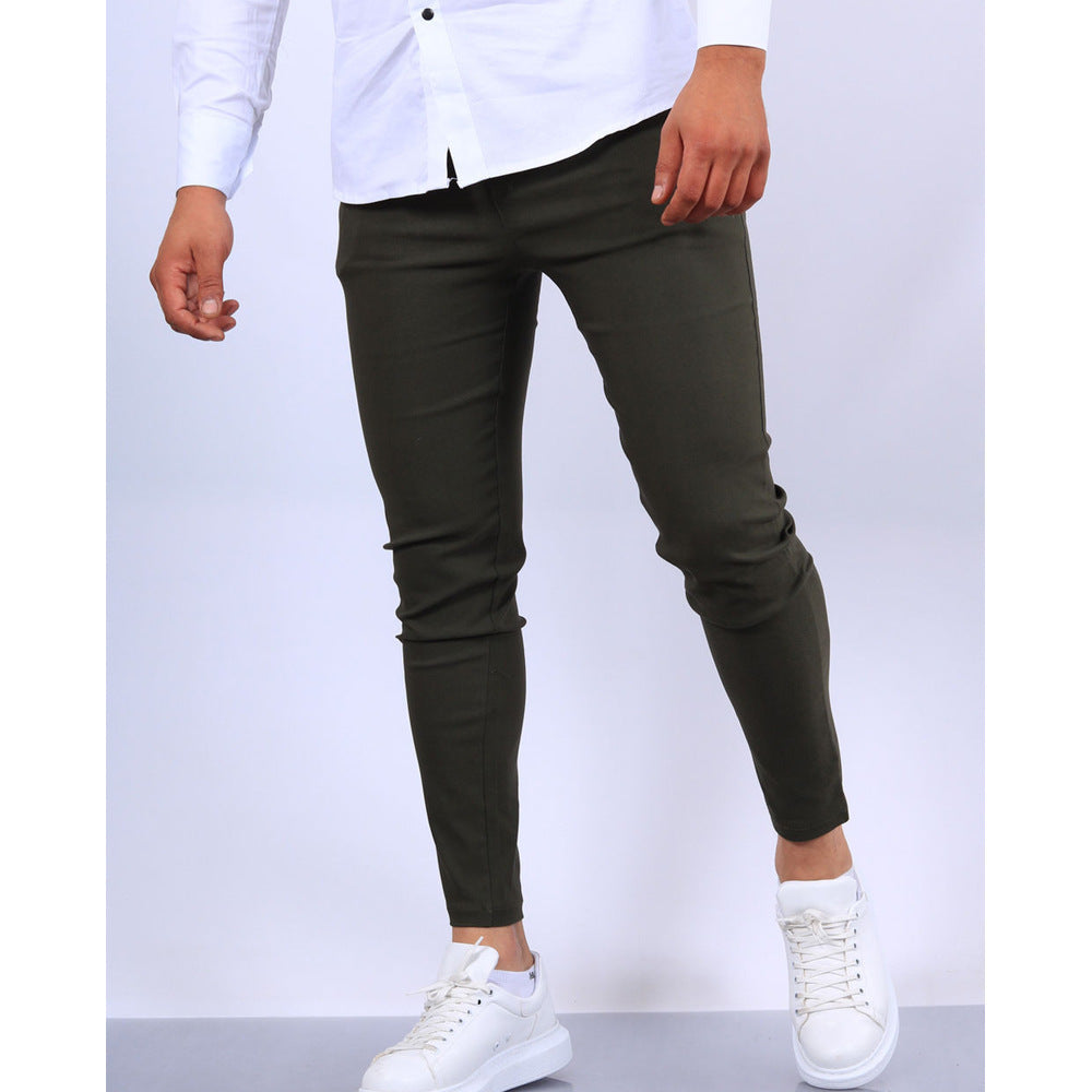 Men's solid chino pants, olive green, slim tapered legs with cuffed hem