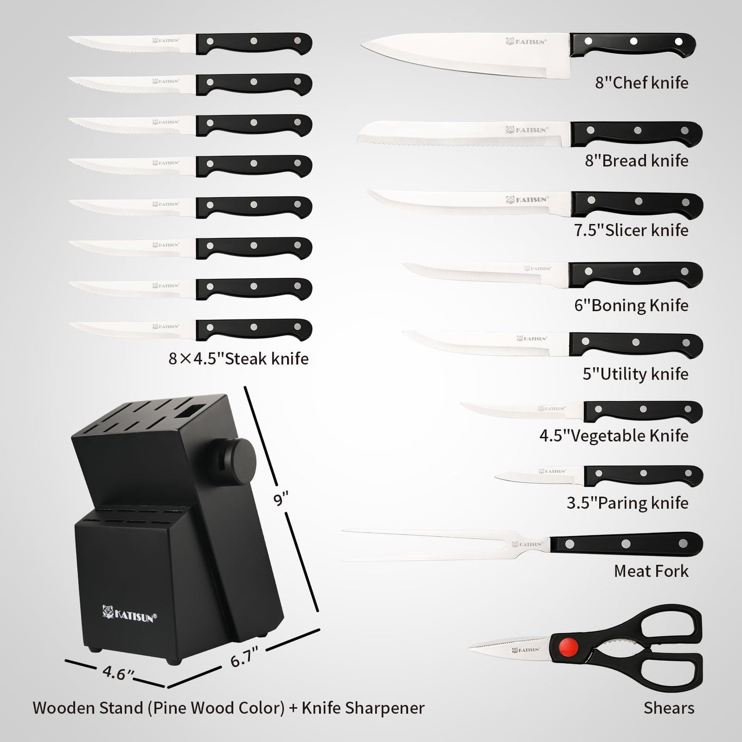 Knife set layout with multiple blade sizes, black handles, and black wooden knife block