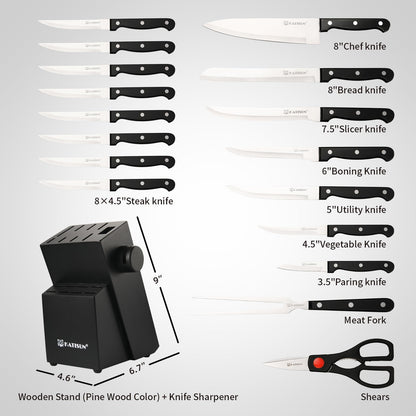 Knife set layout with multiple blade sizes, black handles, and black wooden knife block