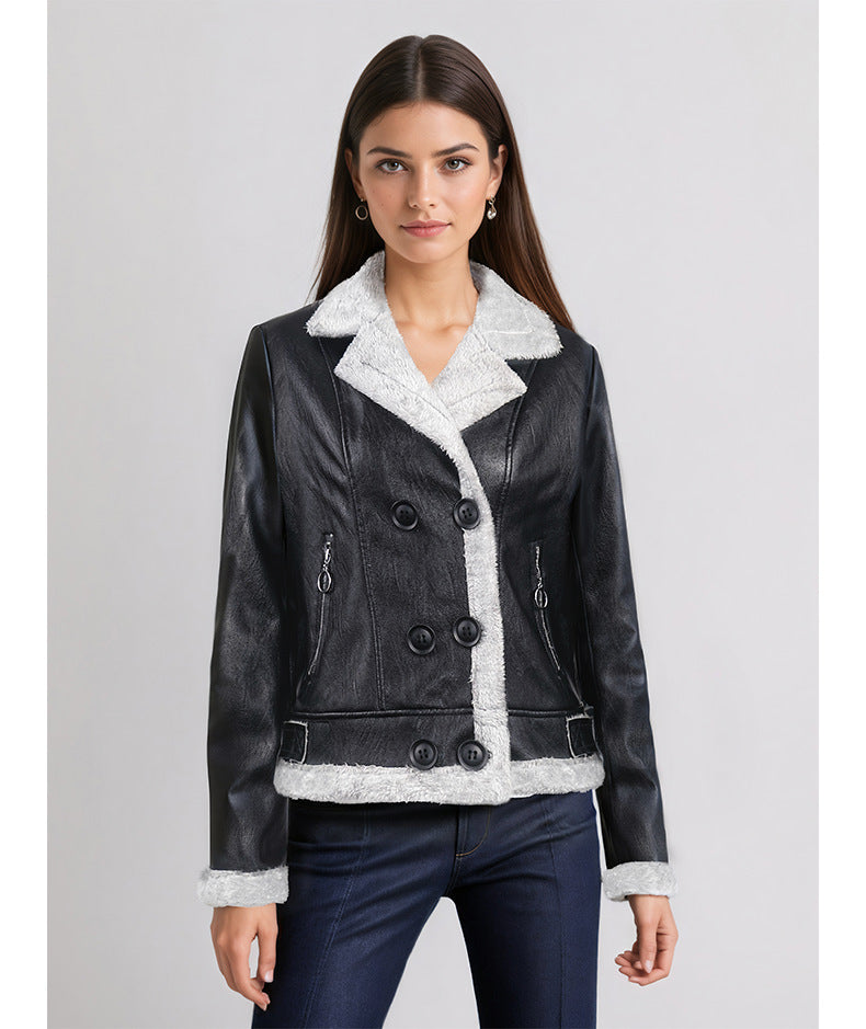 Women's Leather Coat with Fleece Lining Fleece Padded Women's Leather Coat | Ectron Online