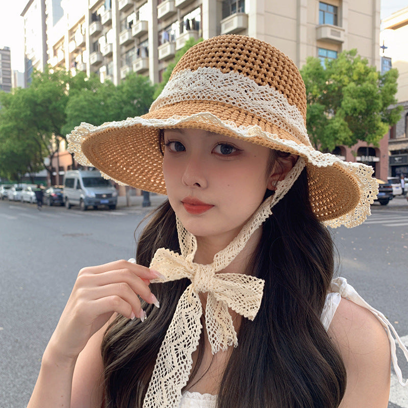 Elegant Straw Bucket Hat for Summer Lace String Color Woven Straw Hat Summer | Ectron Online