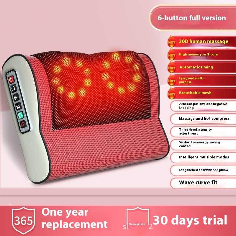 Heated massage pillow with red mesh rollers and left control panel