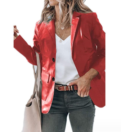 Lapel Single Breasted Solid Color PU Leather Women's Coat