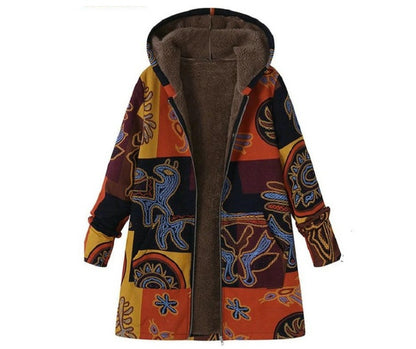 Autumn And Winter New Women's Vintage Warm Printing Pocket Thickened Zipper Hoodie