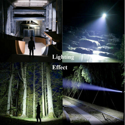 Black LED flashlight casting a strong beam along a forest path at night