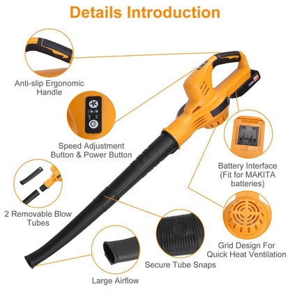 Cordless leaf blower with ergonomic handle, speed controls, and removable black tubes