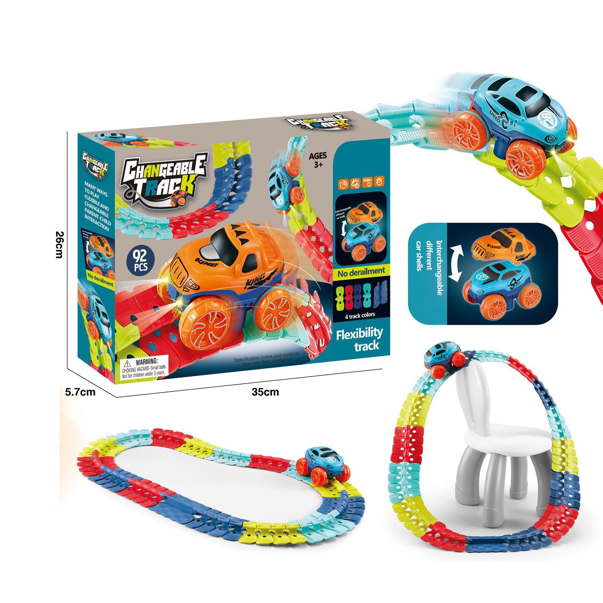 Colorful electric train track set box with flexible track loop and blue toy car