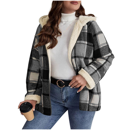 Women's Plaid Fleece-Lined Hooded Coat | Thickened Winter Jacket Plaid Printed Coat Fleece-lined Thickene | Ectron Online