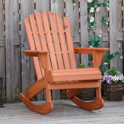 Teak wood Adirondack rocking chair with wide slatted back and curved rocking base.