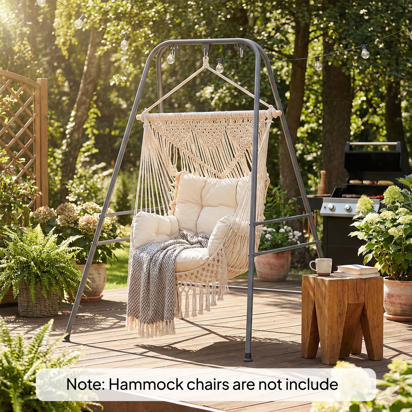 Gray hammock chair stand with top support bar, hanging chains, and curved A-frame legs