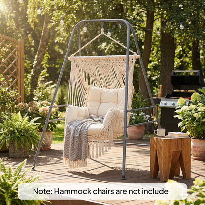 Gray hammock chair stand with top support bar, hanging chains, and curved A-frame legs