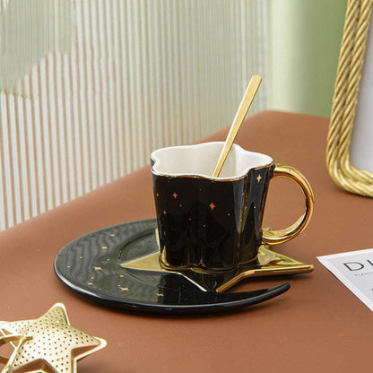 Creative Ceramic Cup with Star and Moon Saucer - Celestial Gold Trim Coffee Set Creative Ceramic Cup With Star And Moon | Ectron Online