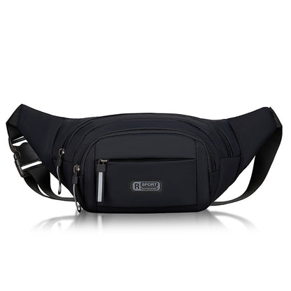 Black waist bag with front zip pocket and adjustable crossbody strap