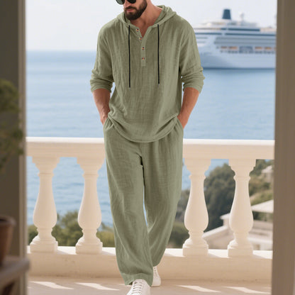 Olive green hooded long sleeve home wear set with drawstring hood and matching pants