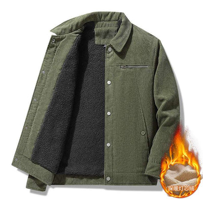 Olive corduroy winter jacket with sherpa lining, stand collar, button front, chest pocket