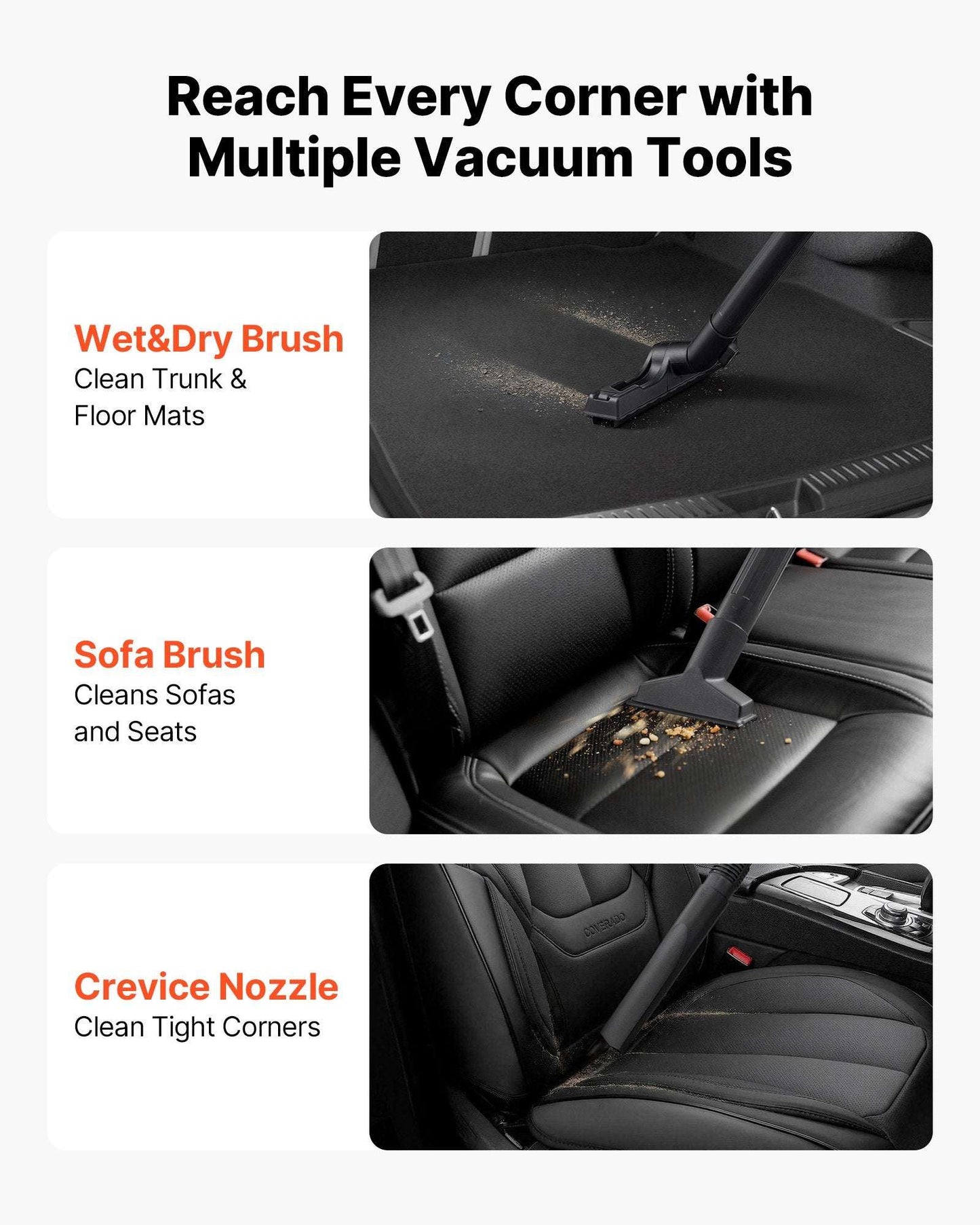 Wet/dry vacuum tools: floor brush, sofa brush, and crevice nozzle