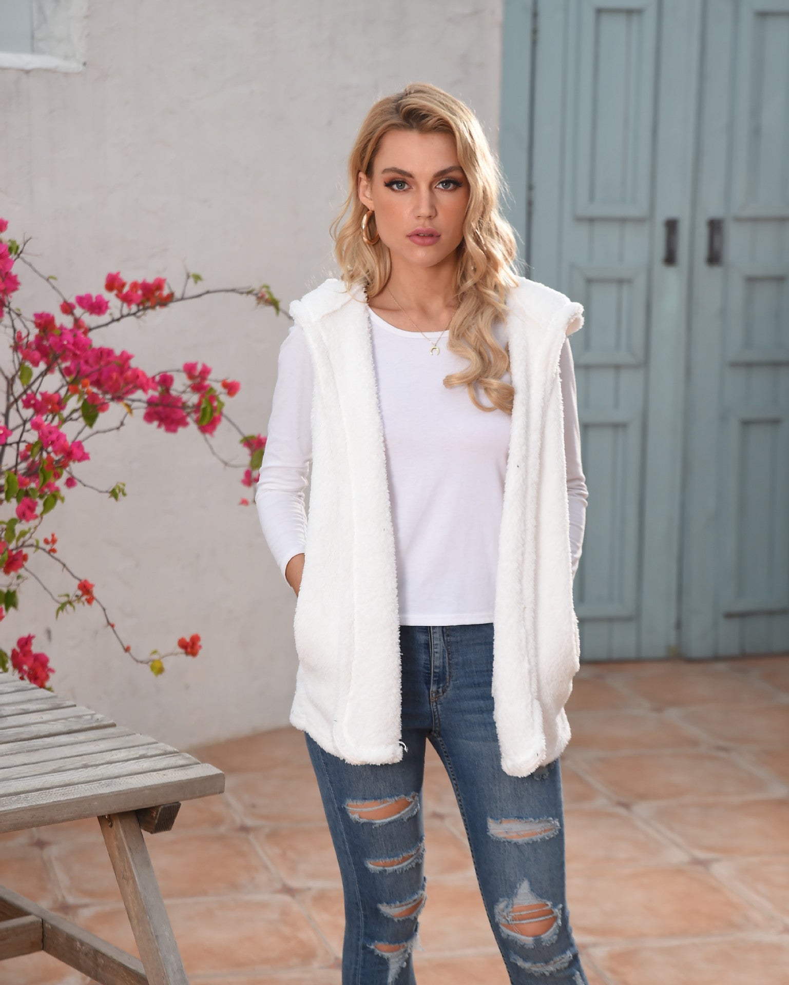 Mid-Length Hooded Vest for Women Mid-length Solid Color Hooded Vest Plush | Ectron Online
