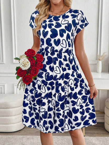 Women's Valentine's Day Heart Print Round Neck Short Sleeve Short Casual Dress