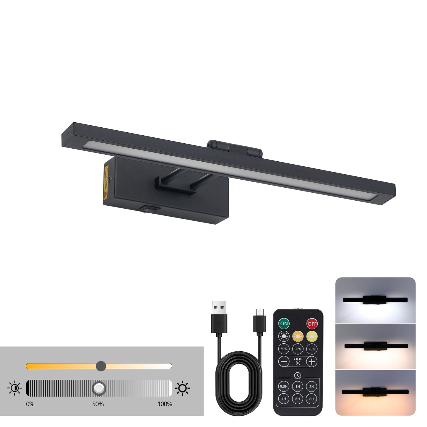 Rechargeable LED Picture Light with Remote - 16" Black Art Light