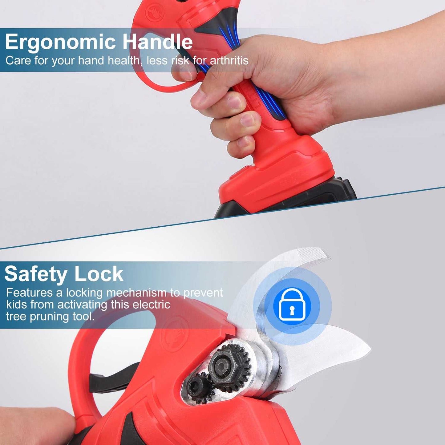 Red ergonomic cordless pruning shears with safety lock feature near cutting blades