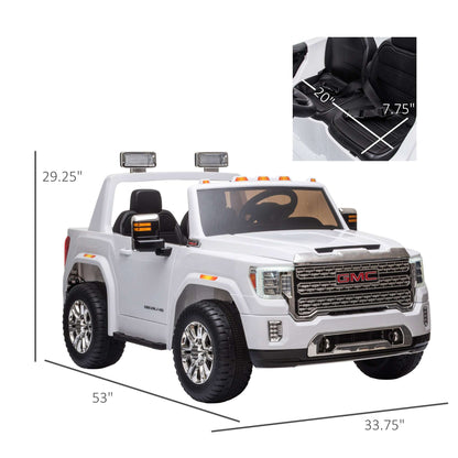 White kids ride-on truck with four wheels, open cabin, and front grille details