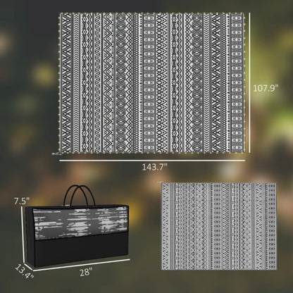 Reversible outdoor rug shown with patterned sides and folded layout diagram